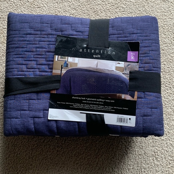 Attention Reversible Quilt King Blue Gray Chambray Look Geometric Quilting NWT - Picture 1 of 2